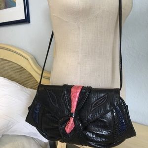 Leather Clutch or Crossbody Bag Black Pink Croc